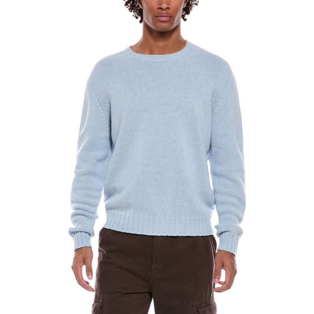 Palm Angels Mens  Curved Logo Wool-Blend Crewneck Sweater, Blue